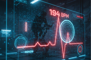 最大心拍数194bpmを記録したバイタルデータの波形グラフ。背後にはFEELCYCLEに没頭するKENZOのシルエットと、データ解析を象徴するホログラムが表示されているサイバーパンクなイメージ。