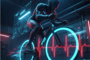 高速ペダリング「ダブルタイム」に没頭するKENZOのダイナミックな姿。回転するペダルが光の輪となり、周囲にはリズムとの同期を象徴するデジタルデータが表示されているサイバーパンクなビジュアル