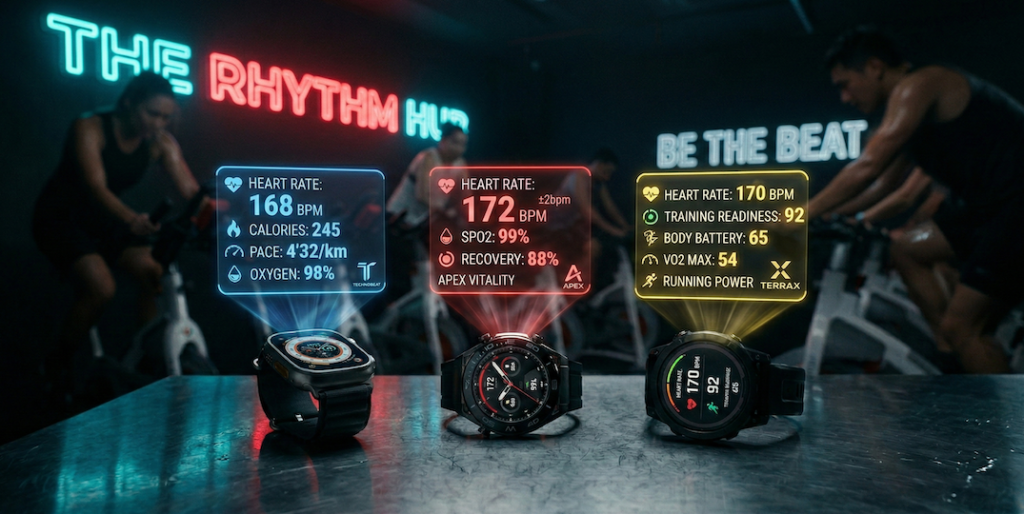 FEELCYCLEスタジオの暗闇で比較される3つのスマートウォッチ（Apple Watch、Huawei Band、Garmin ForeAthlete）の実測心拍精度データを表すホログラム画像。