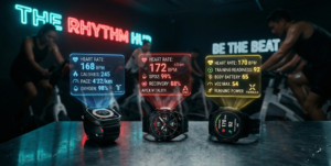 FEELCYCLEスタジオの暗闇で比較される3つのスマートウォッチ（Apple Watch、Huawei Band、Garmin ForeAthlete）の実測心拍精度データを表すホログラム画像。