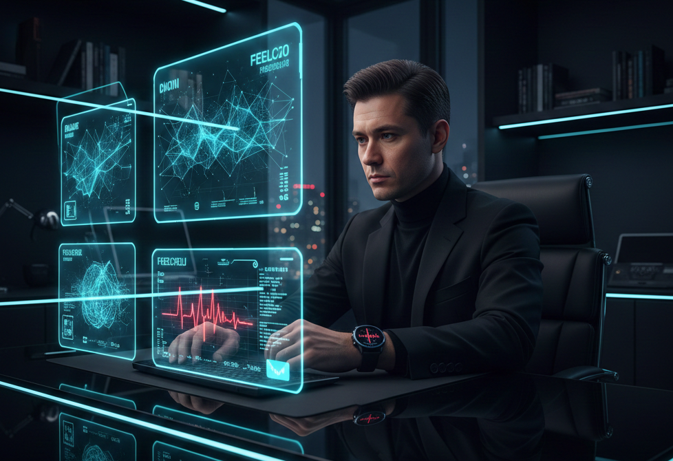 Huaweiスマートウォッチを身に着け、AI（Gemini）のインターフェースとFEELCYCLEのバイタルデータが表示されたホログラムスクリーンを見つめるITコンサルタントKENZOの姿。テクノロジーと身体性の融合を象徴するサイバーパンクなビジュアル。
