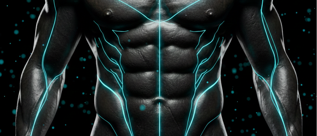 FEELCYCLEの腹筋トレーニング理論「TUT戦略」を象徴する、彫刻のように削り出された腹筋の3Dモデル画像